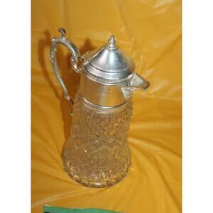 Antique WA Italy Diamond Cut Crystal Silver Plate Pitcher Decanter Carafe